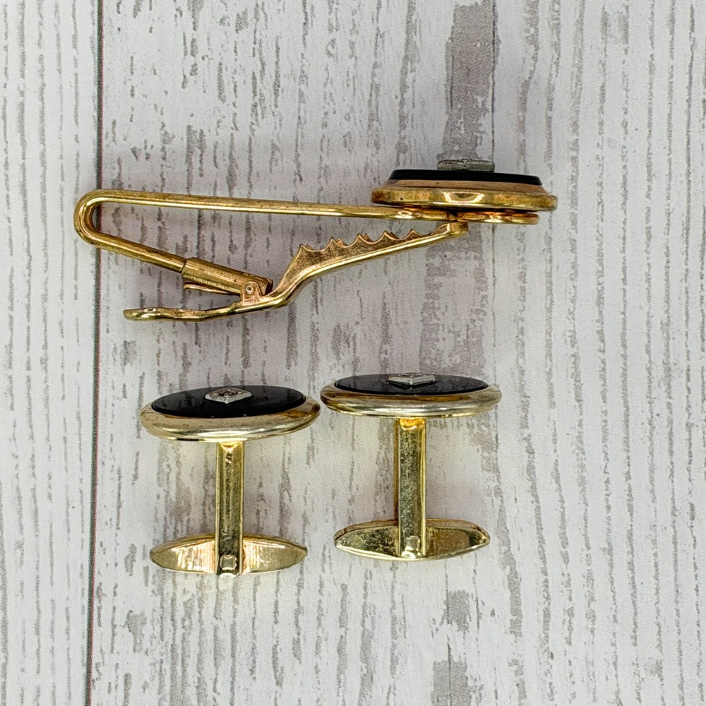 Vintage Foster Gold Tone Black Onyx Rhinestone Tie Clip and Cufflinks Set Mens - Picture 3 of 6
